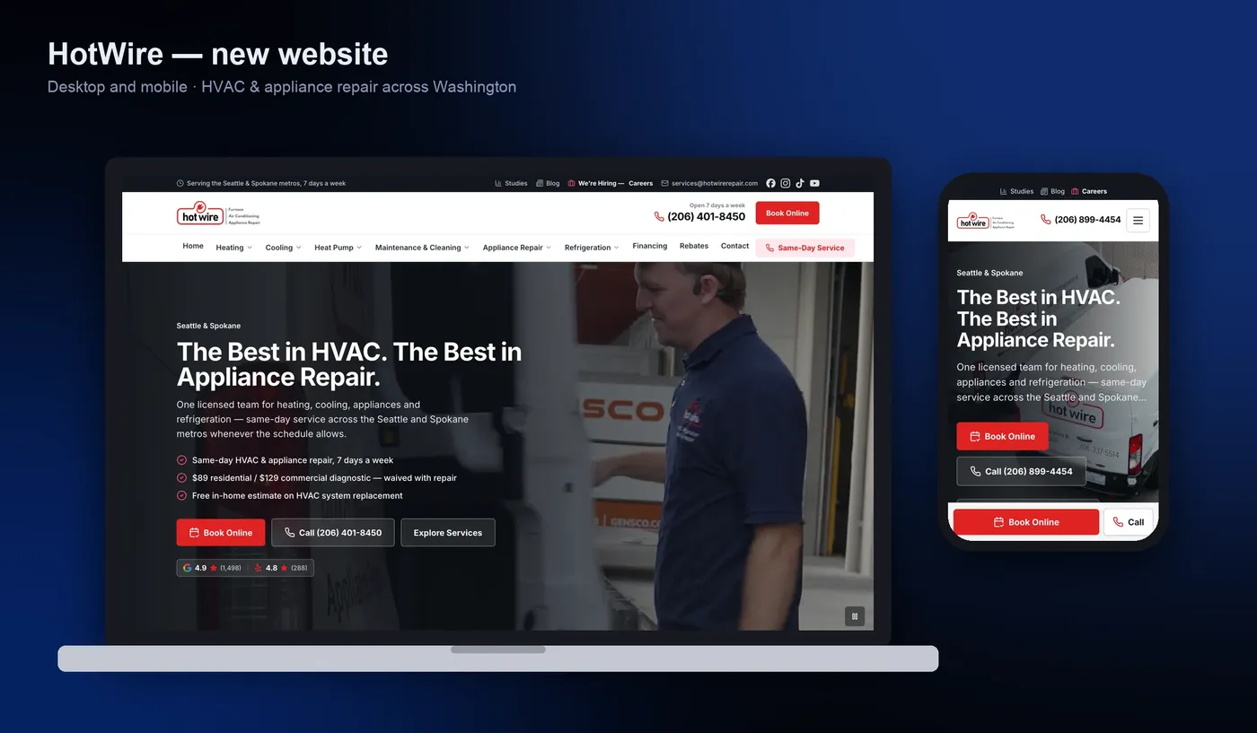 HotWire HVAC and appliance repair website on a laptop and a phone