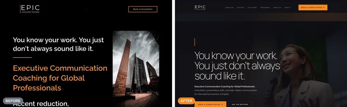 EPIC Language Training homepage before and after the redesign