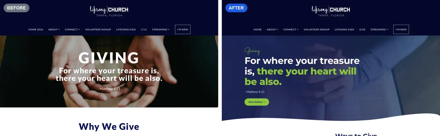 Lifesong Church Give page before and after, Subsplash giving kept
