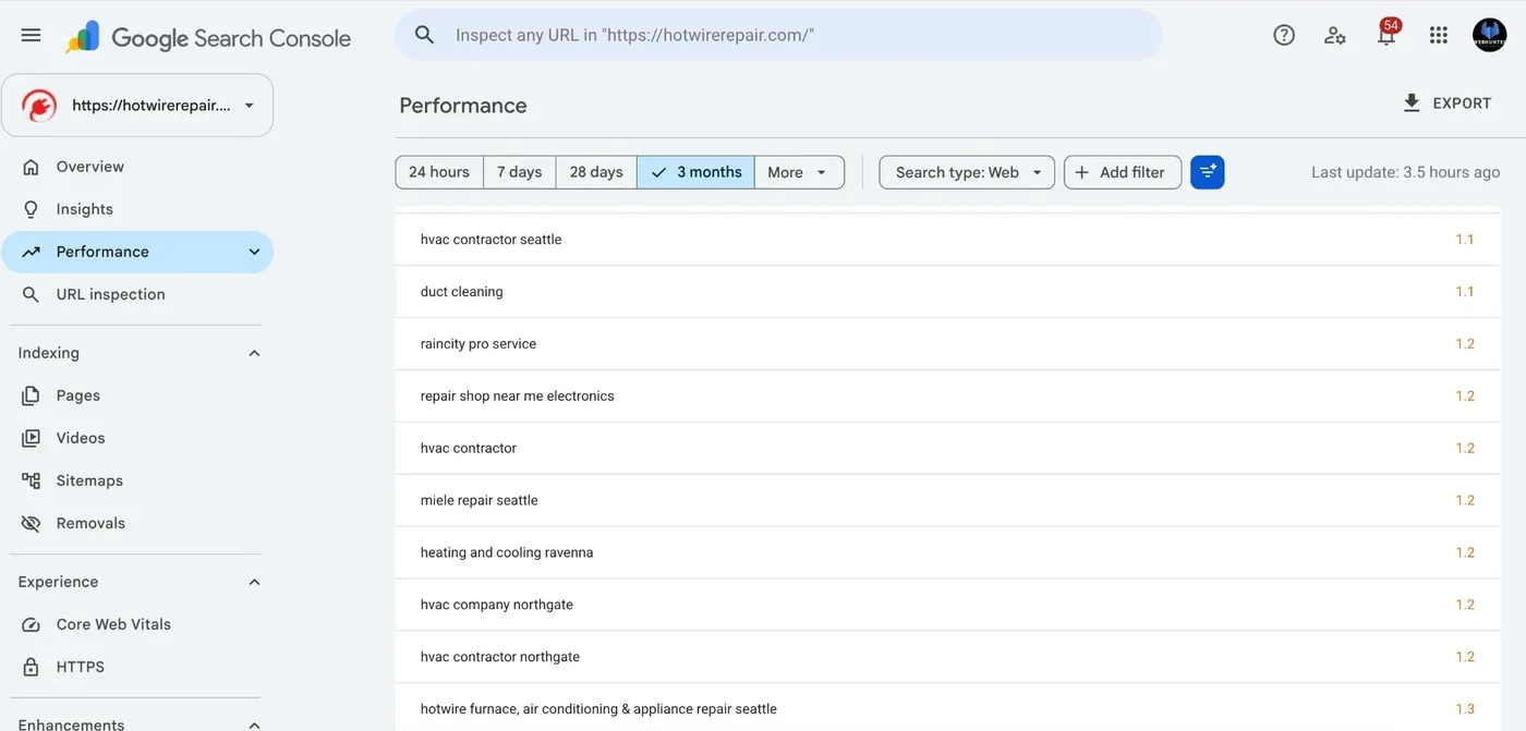 Search Console queries: hvac contractor seattle, duct cleaning, hvac contractor northgate at positions 1.1–1.3