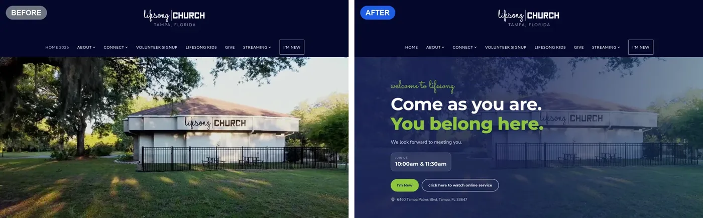 Lifesong Church home page before and after the redesign