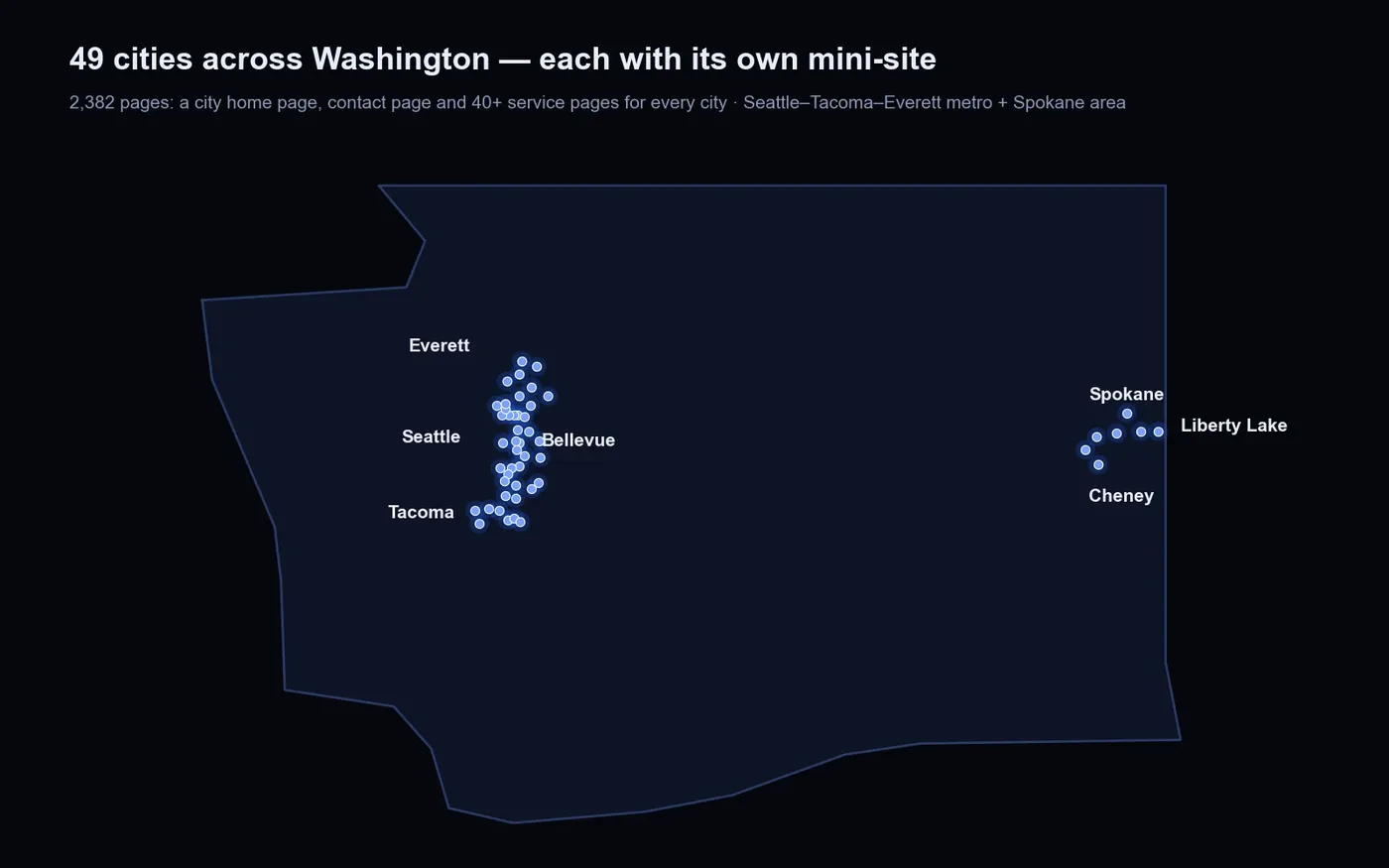 Map of 49 Washington cities where HotWire has a city mini-site
