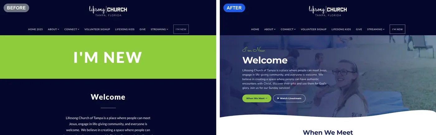 Lifesong Church I am New page before and after