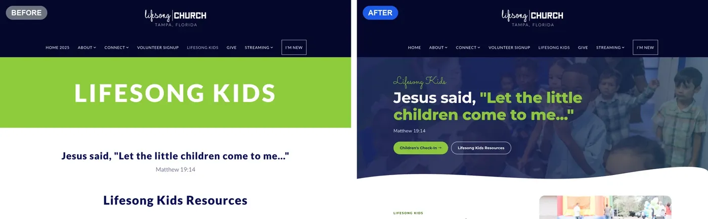 Lifesong Kids page before and after the redesign
