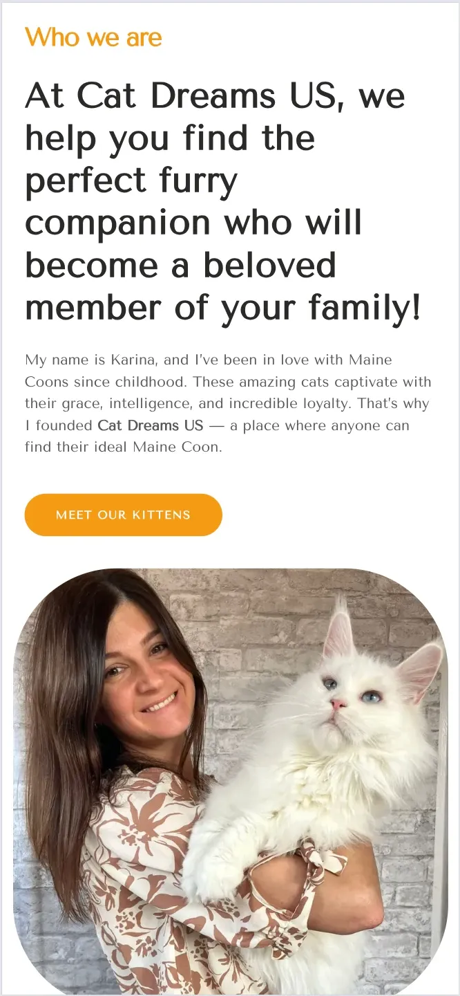 Cat Dreams US mobile “Who we are” section with the breeder holding a white Maine Coon