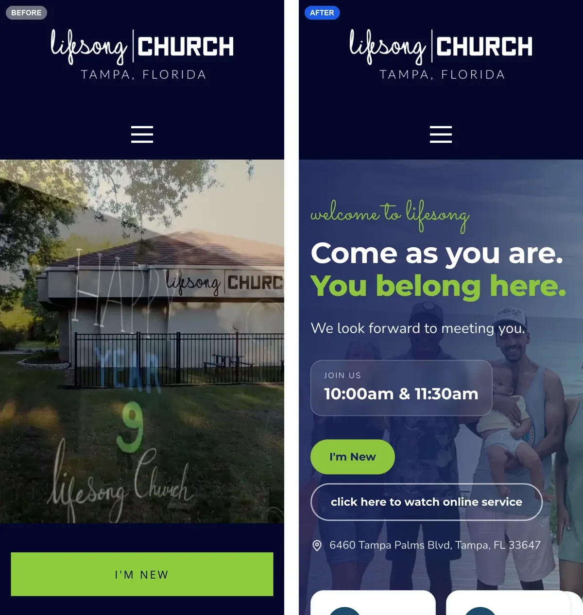 Lifesong Church home page on a phone before and after