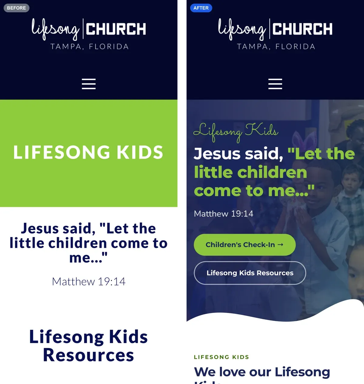 Lifesong Kids page on a phone before and after