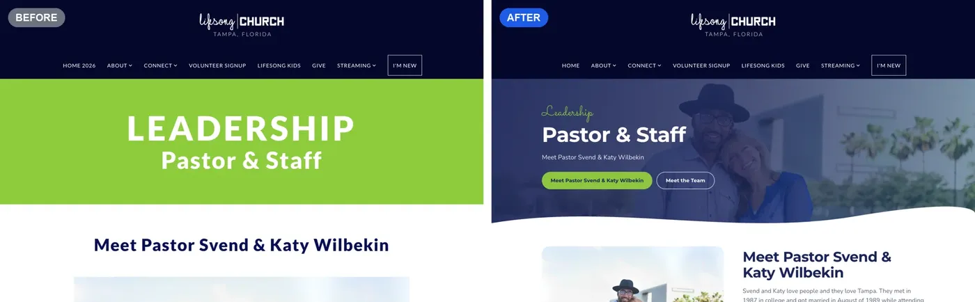 Lifesong Church Our Staff page before and after