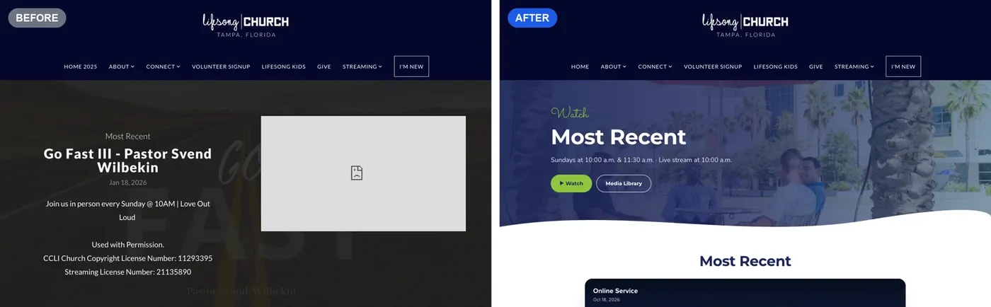 Lifesong Church Watch page before and after with live stream