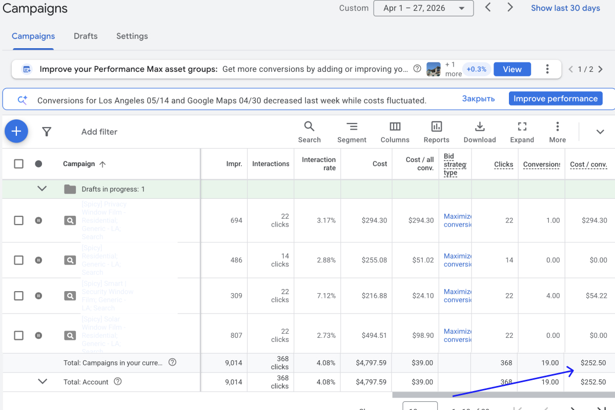Google Ads Results april before window tinting
